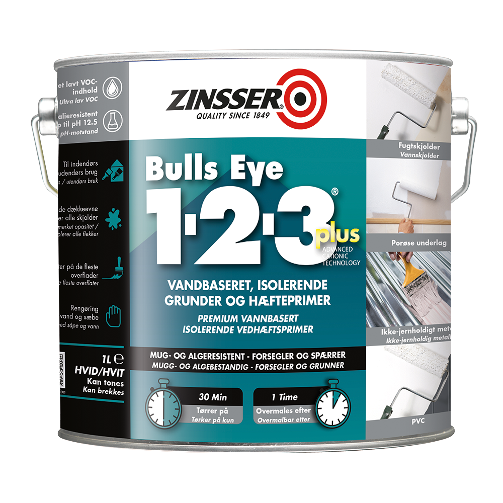 Dåse med Zinsser Bulls Eye 1-2-3 Plus hvid grunder